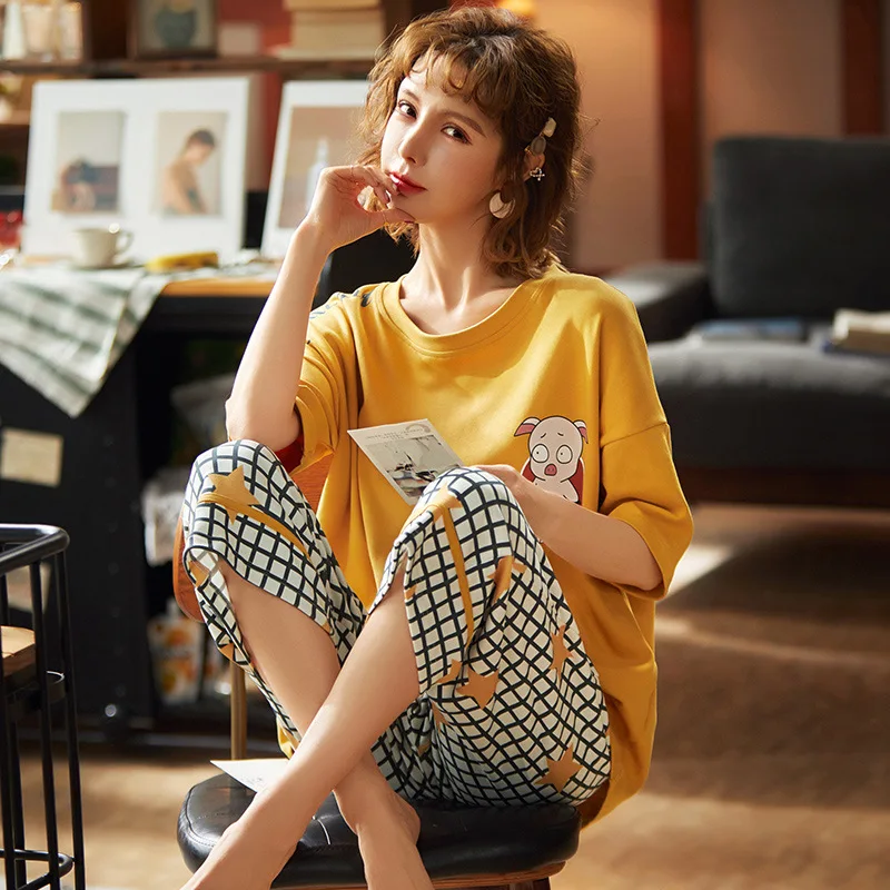 Хлопковая женская одежда для сна с коротким рукавом летние укороченные брюки