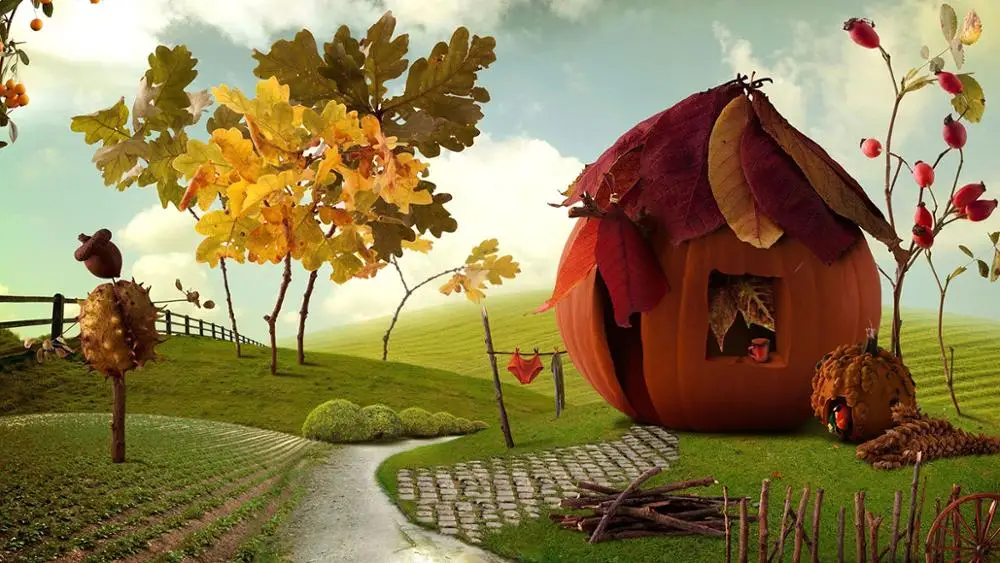 

Thanksgiving Autumn Pumpkin House Tree Leaves Cartoon Dreamy Backdrop Vinyl Photography Background For Photo Studio Prop