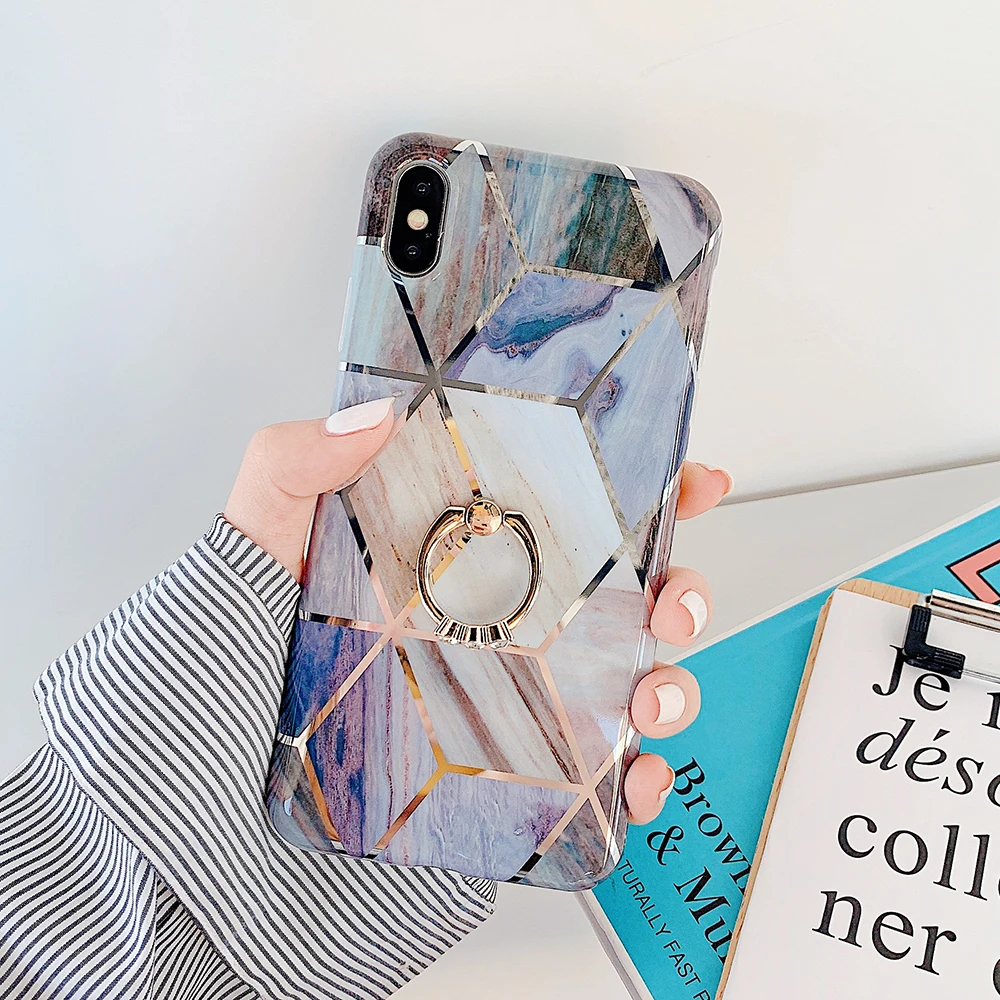 q Чехол для телефона LOVECOM для iPhone 11 Pro XR XS Max 6 6S 7 8 Plus X Мягкая Гальваническая мраморная задняя крышка с кольцом на палец - Цвет: q