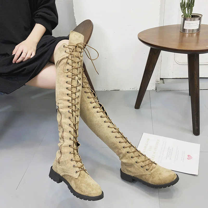 Khaki-3 Sooneeya/Дизайнерские женские сапоги на молнии со шнуровкой; обувь из искусственной кожи в стиле панк и готика на платформе; сапоги до колена на низком квадратном каблуке в байкерском стиле - Цвет: Khaki-3