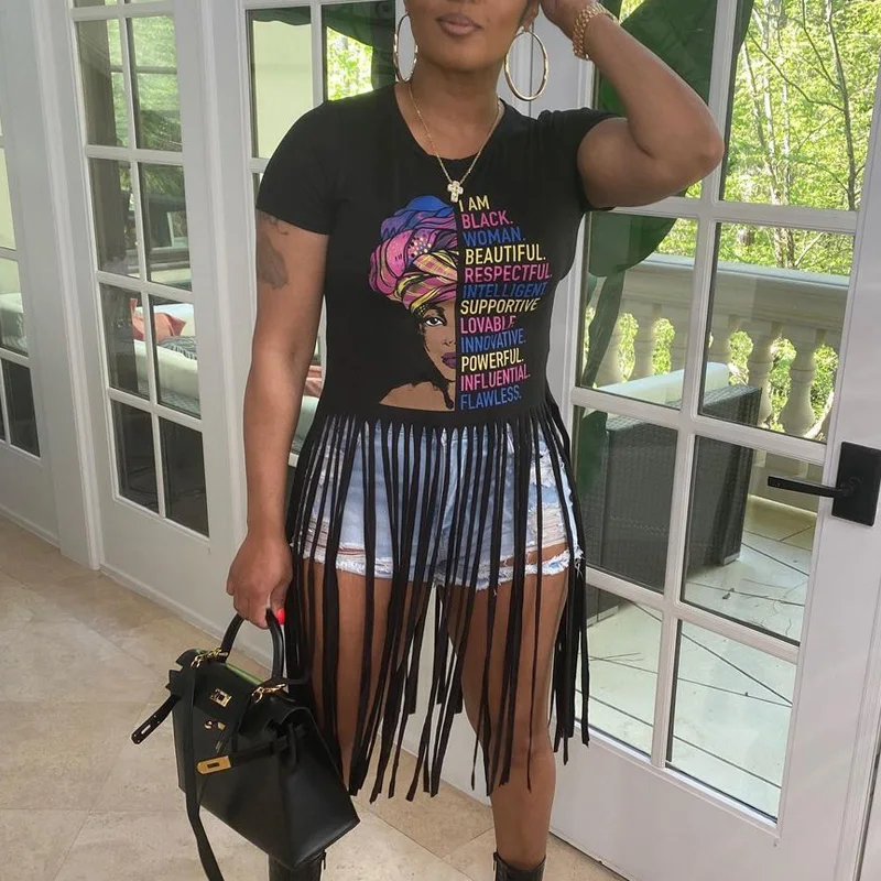 

Women Summer Casual Short-sleeved Printed Tassel Design T-shirt Tops