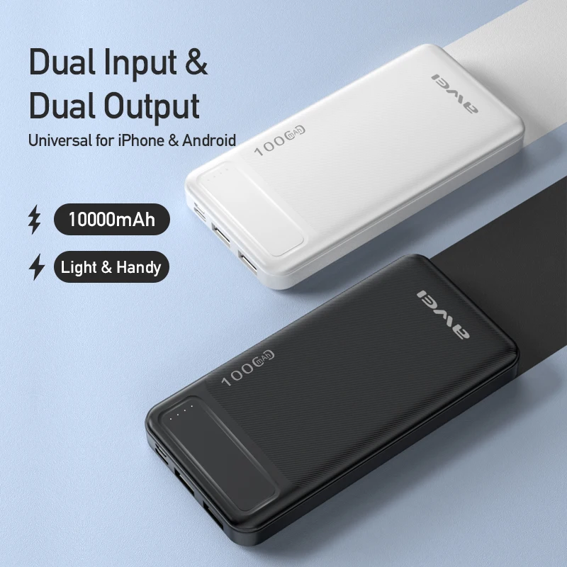 

AWEI P5K Portable Power Bank 10000mAh Dual USB A and Type c Micro Dual input Fast Charge For Work Travel For Mobile Phone