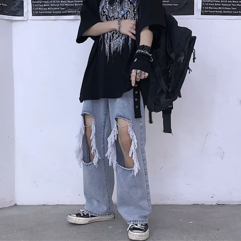 

Women's jeans new style washed ripped straight-leg pants trousers high waist slimming jeans women's loose wide-leg pants