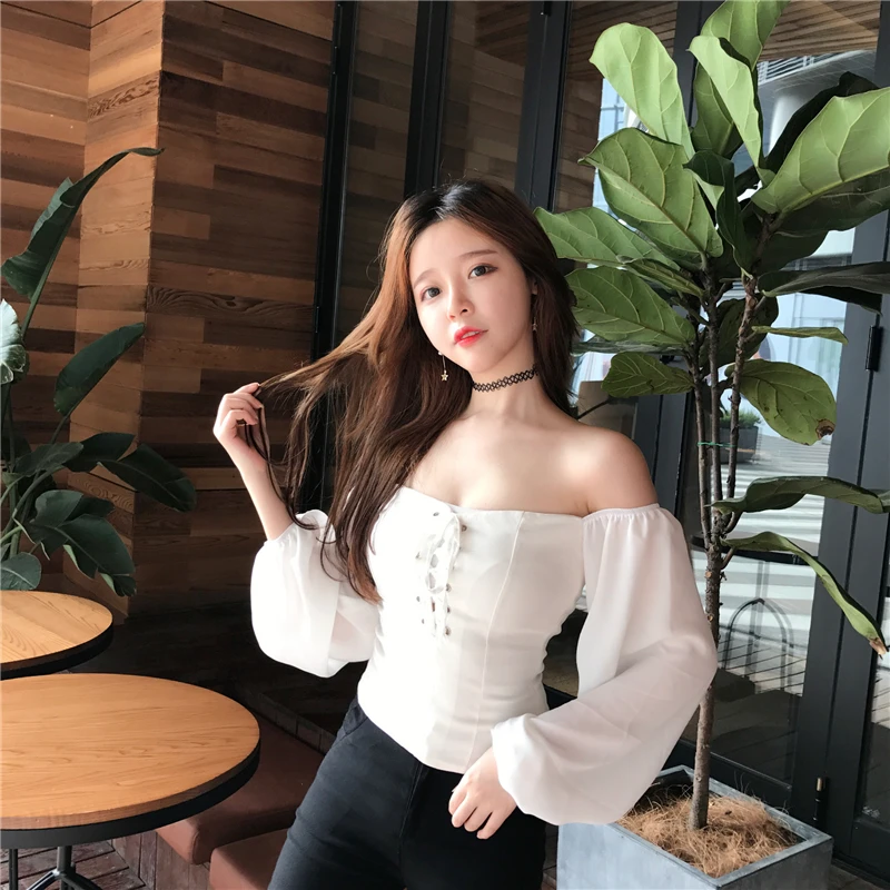 

WOMENGAGA Women Black Slash Neck Off Shoulder Bandage Short Tops Korean Hot Girl Sexy Slim Lantern Sleeve Slim Shirt CRYR