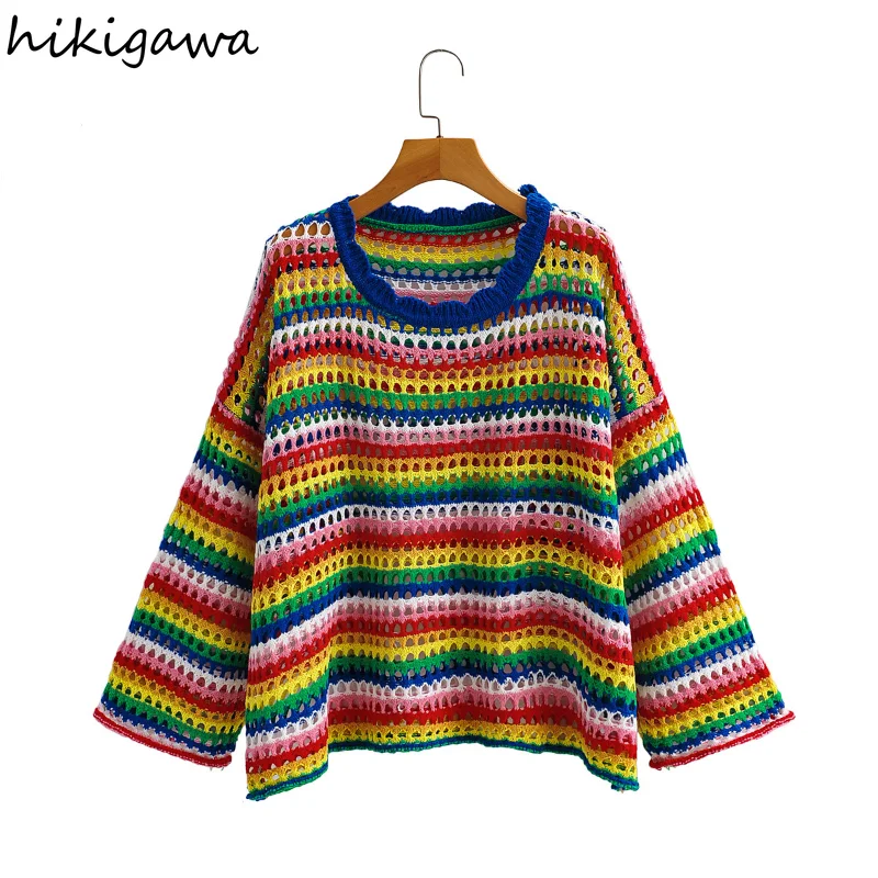 

Свитер Hikigawa женский в Корейском стиле, вязаный пуловер в радужную полоску, свободный свитер с круглым вырезом и длинным рукавом, осень