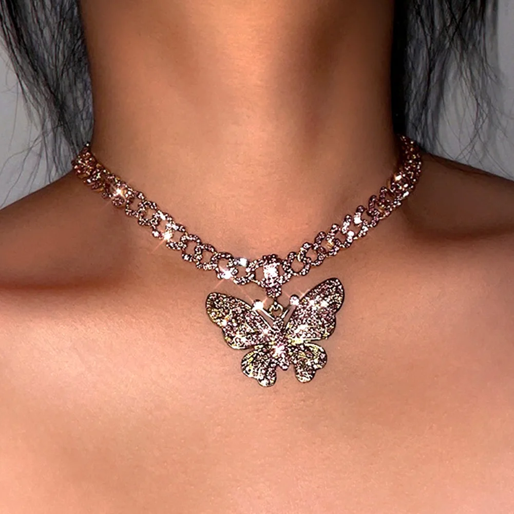 

Fashion Crystal Butterfly Pendant Necklace for Women Rhinestone Cuban Chain Necklace High Quality Wedding Jewelry New Party Gift