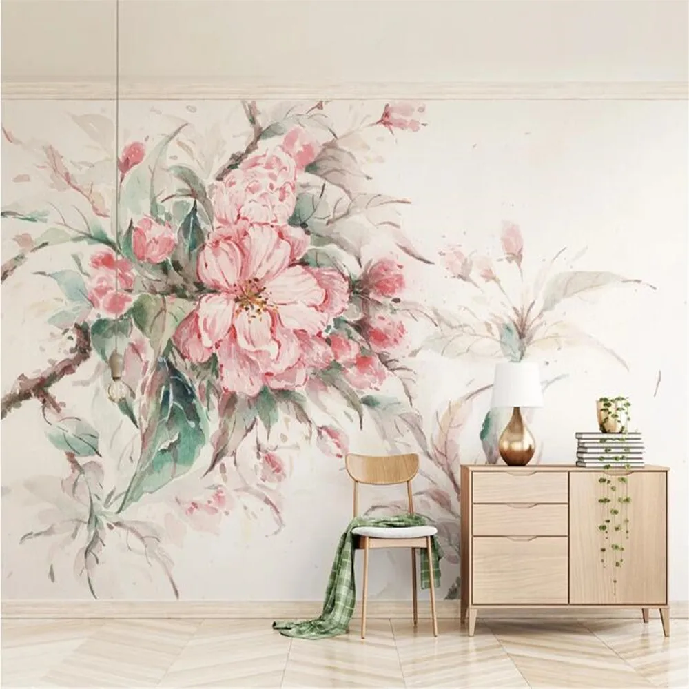 

Milofi custom large wallpaper mural simple retro hand-painted watercolor style pink cherry TV background wall