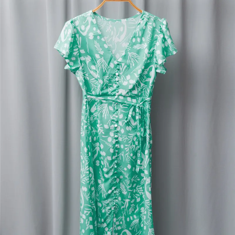 

Ladies Summer Green French V-Neck Vintage Print New Slim Split Dresses Female Casual Dress Ladies Single Breasted Dresses ML123