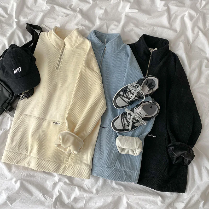

Solid Zipper Stand Collar Sweatshirt Women Casual 2021 Autumn Loose Plush Thickened Top Femme Blue Black Cotton Tops