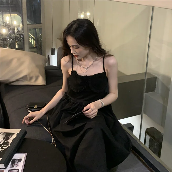 

Женское платье без рукавов с оборками, новое облегающее черное плиссированное платье средней длины в западном стиле, лето 2021