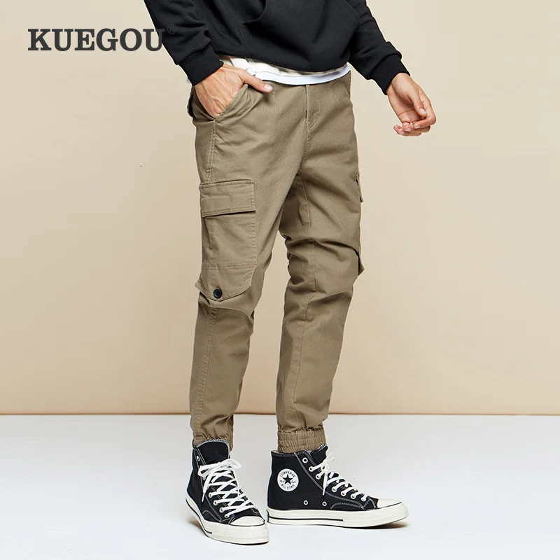 Мужские брюки карго KUEGOU повседневные хлопковые цвета хаки в стиле хип хоп