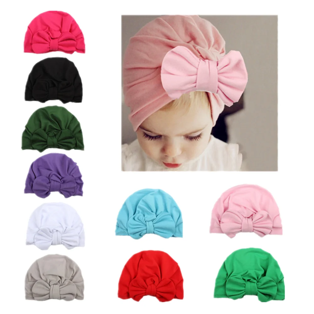 Однотонный эластичный головной убор с бантом для девочек и мальчиков