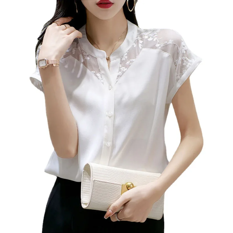 

2021 Summer Women Fashion Patchwork Clothes Lady Chiffon Lace Solid Color Tops Female Round Neck Sexy Foreign Style T-shirt