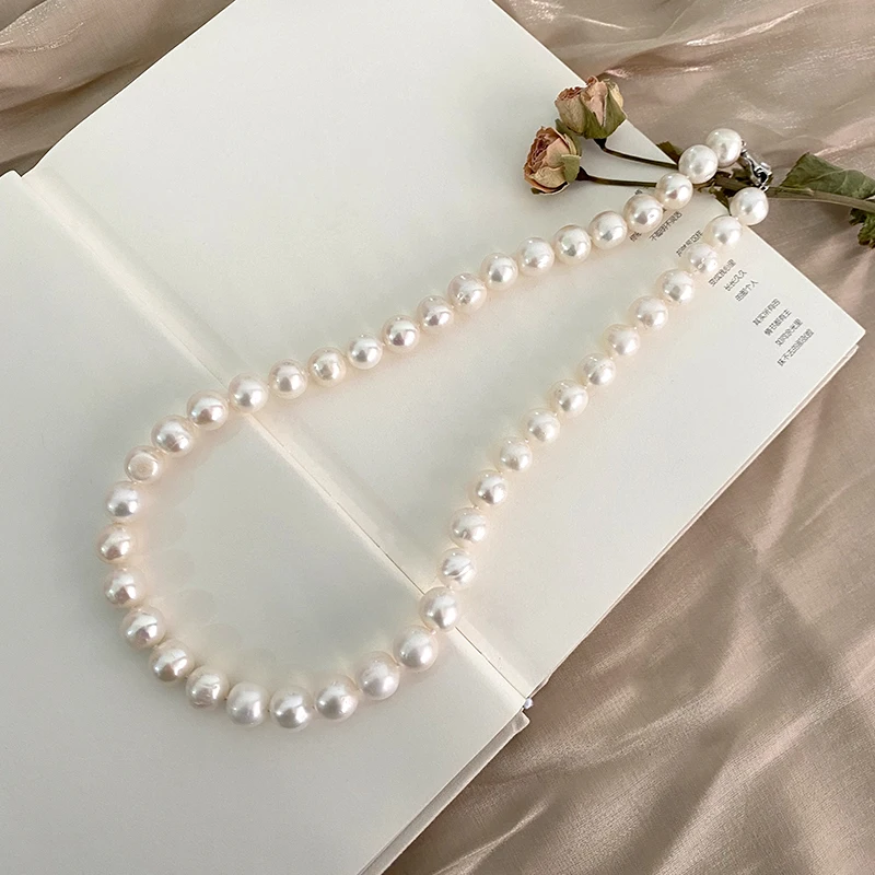 ASHIQI 10 12 мм большой натуральный пресноводный жемчуг ожерелье Настоящее серебро 925