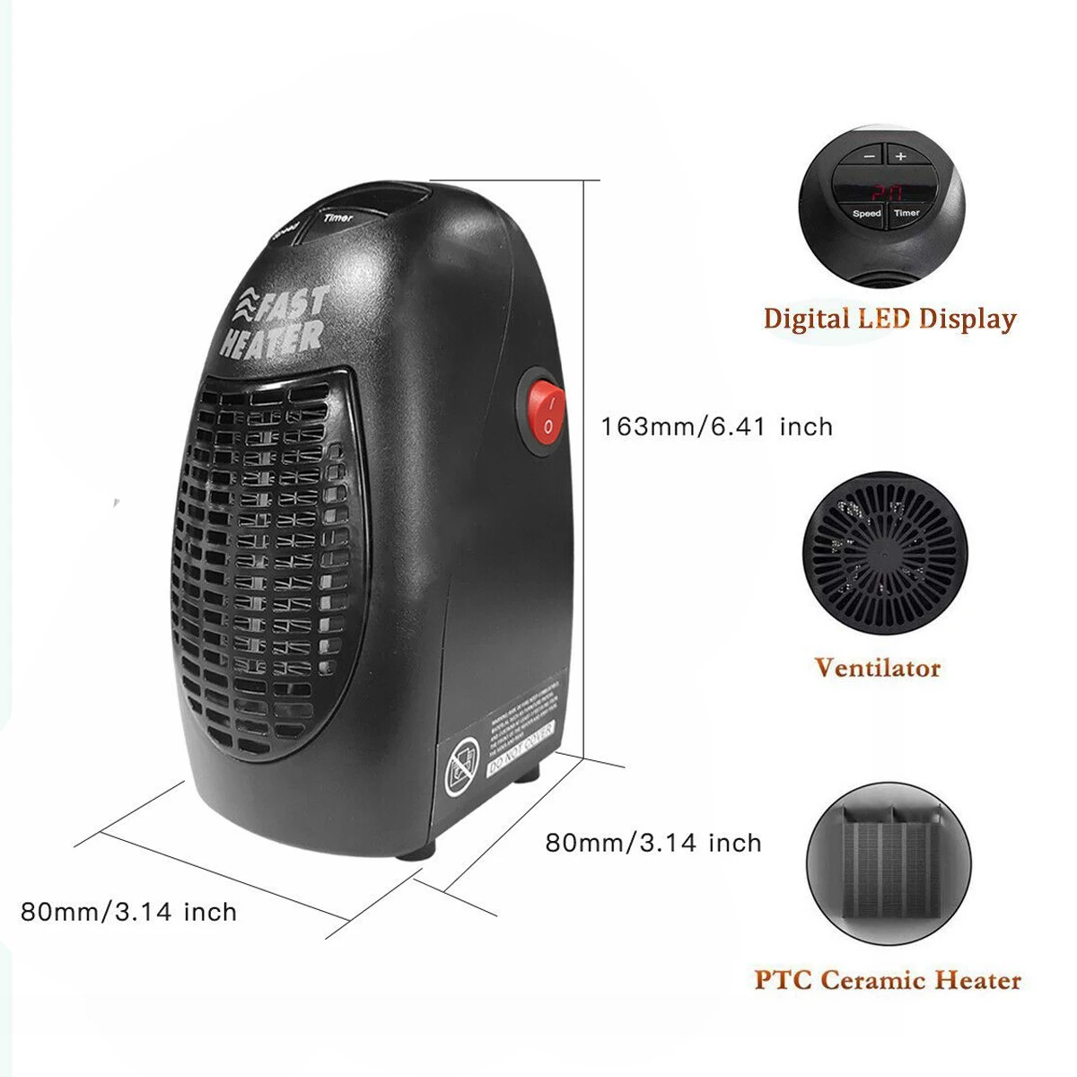 Черный мини обогреватель с электрическими розетками 400 Вт мобильный вентилятора