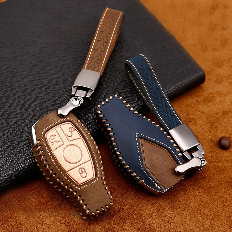 Geuine Leather Car 2 3 Buttons Smart Remote Key Fob Protective Holder Case Cover Bag Shell Keychain For Mecedes Benz Accessories |