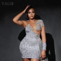 yalin sparkles silver prom dresses one shoulder long sleeves see thru mini length sequins plus size party dress robes de soir%c3%a9e
