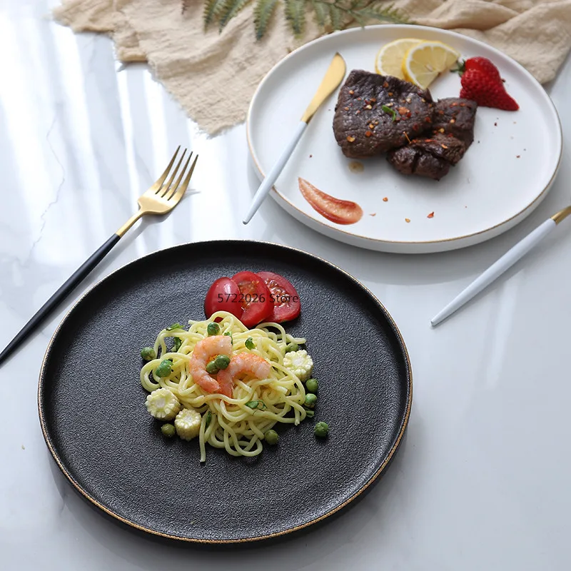 

Creative Black and White Phnom Penh Frosted Flat Plate Ceramic Plate Steak Plate Japanese Tableware Household Round Dinner Plate