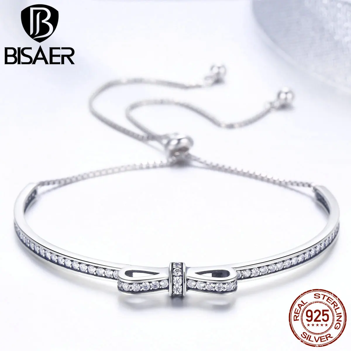 Браслет bisaer& Bangle, подлинный, 925 пробы, серебряный, сверкающий, ослепительный, с бантом, на половину, браслет для женщин, для свиданий, GXB108
