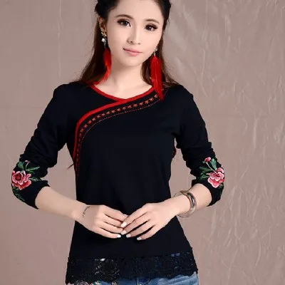 Cheongsam Топ традиционная китайская одежда для женщин с длинным рукавом размера плюс 5XL рубашка хлопковая винтажная одежда Топ Футболка Блузка рубашка - Цвет: black 3910