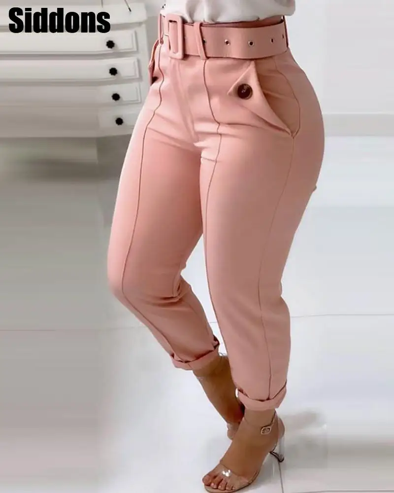 

Women Casual Pocket Design Buttoned Casual Pants Lady Sexy Skinny Long Pants Workwear