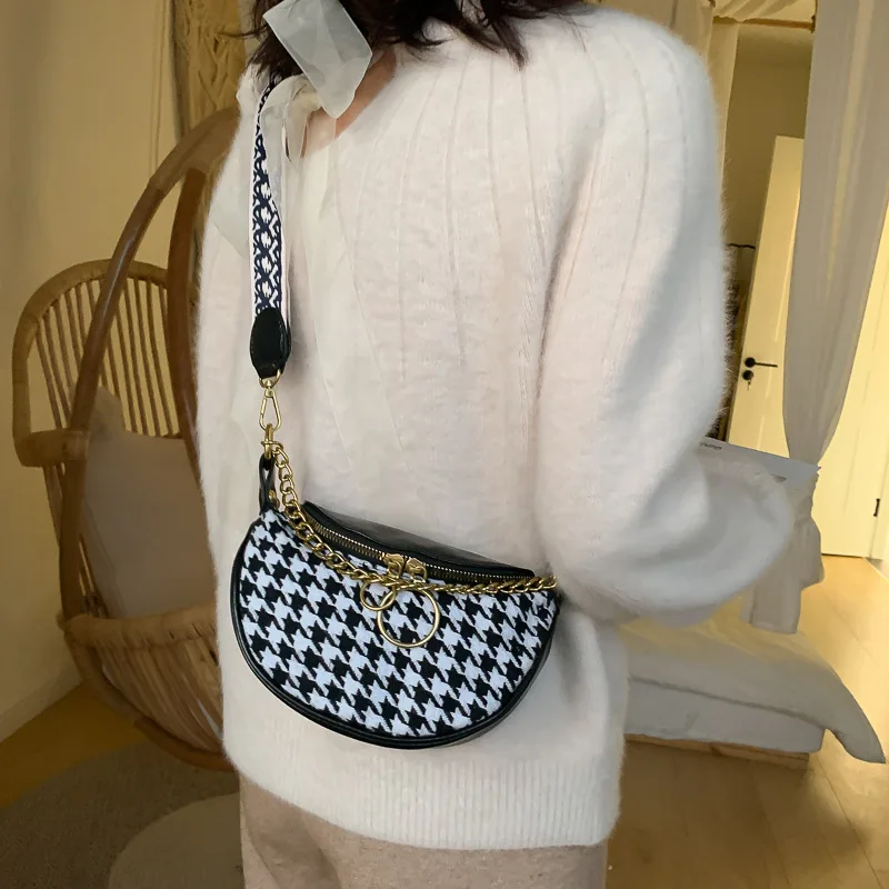 

Casual Fashion New Versatile Plaid Bag for Women Houndstooth Chestbag Pu Waist Bag Trend Crossbody Bags Handbag Shoulder Bags