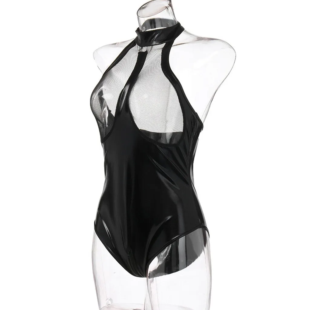 

Plus Size Temptation Cool Open Crotch Leather Female Bodysuit Sexy Mesh Erotic Lingerie Perspective Bare Breast Lingerie rotiqu