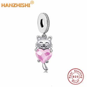 2022 Spring Fashion 925 Sterling Silver Pink Cz Heart Cat Dangle Charm Bead Fit Original Brand Brace