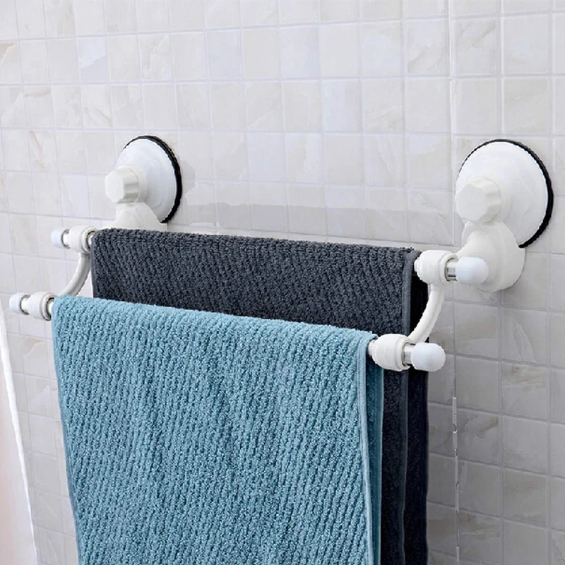 18.5 Inch Double Bars Suction Cup Towel Rail Holder Storage Racks Wall Mounted ABS Bathroom Organizer Kitchen Hotel