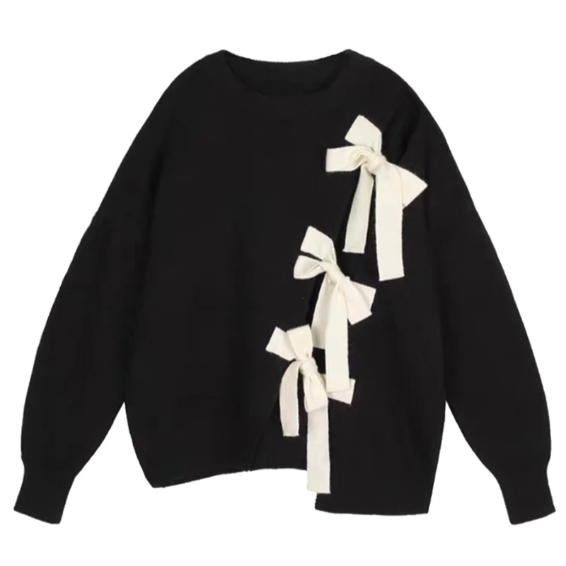 

[EAM] Bandage Bow Knitting Sweater Big Size Round Neck Long Sleeve Women Pullovers New Fashion Autumn Winter 2021 1DD3109