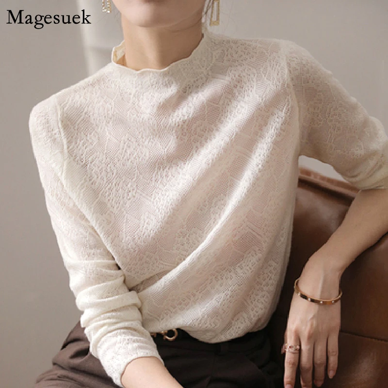 

Jacquard Hollow Out Knitwear Long Sleeve Blouses Autumn New Lace Turtleneck Knitted Blouse Tops Loose Pullover Women Shirt 18058
