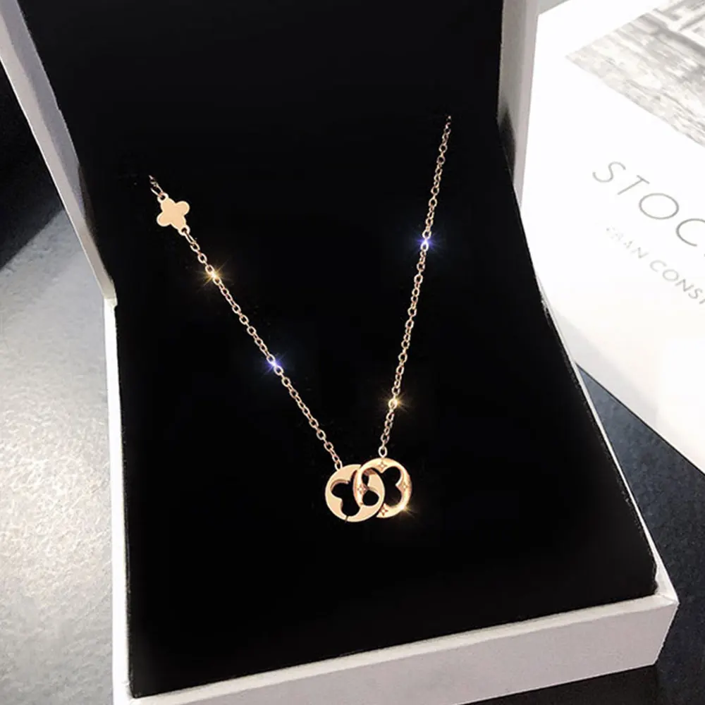 

Double Ring Hollow Four-leaf Clover Necklace Feminine Simple Circle Clavicle Chain Fashion Jewelry