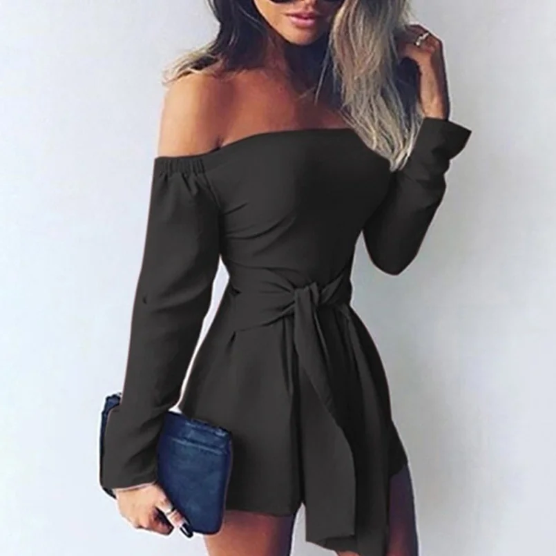 

Strapless Romper Ruched Tight Long Sleeve Off Shoulder Solid Color Playsuit Sexy Tied Waist Elegant Women Formal Jumpsuit Drape