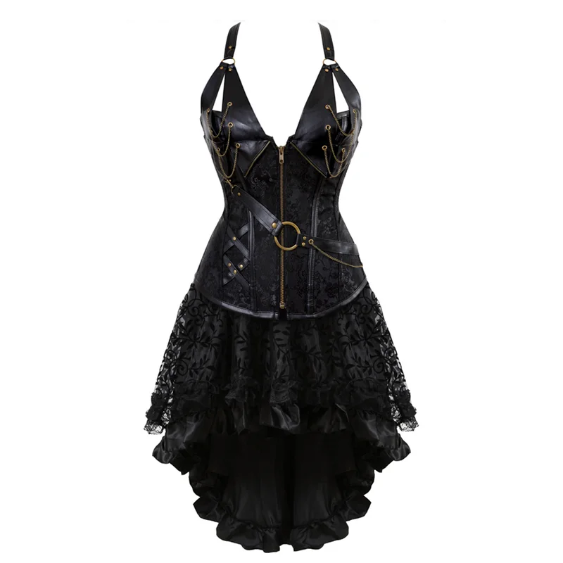 Steampunk Corset Dress Pirate Costume PU Leather Corset Bustier Lingerie top With Asymmetric Floral Lace Skirt Set Gothic Dress