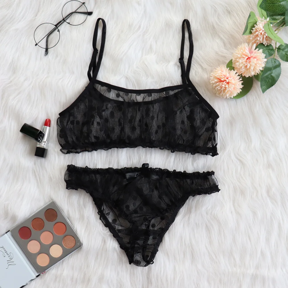 

Wholesale Sexy lingerie erotic underwear Polka Dot Mesh Frill Trim Lace lingerie set top lace invisible bra set bras for women