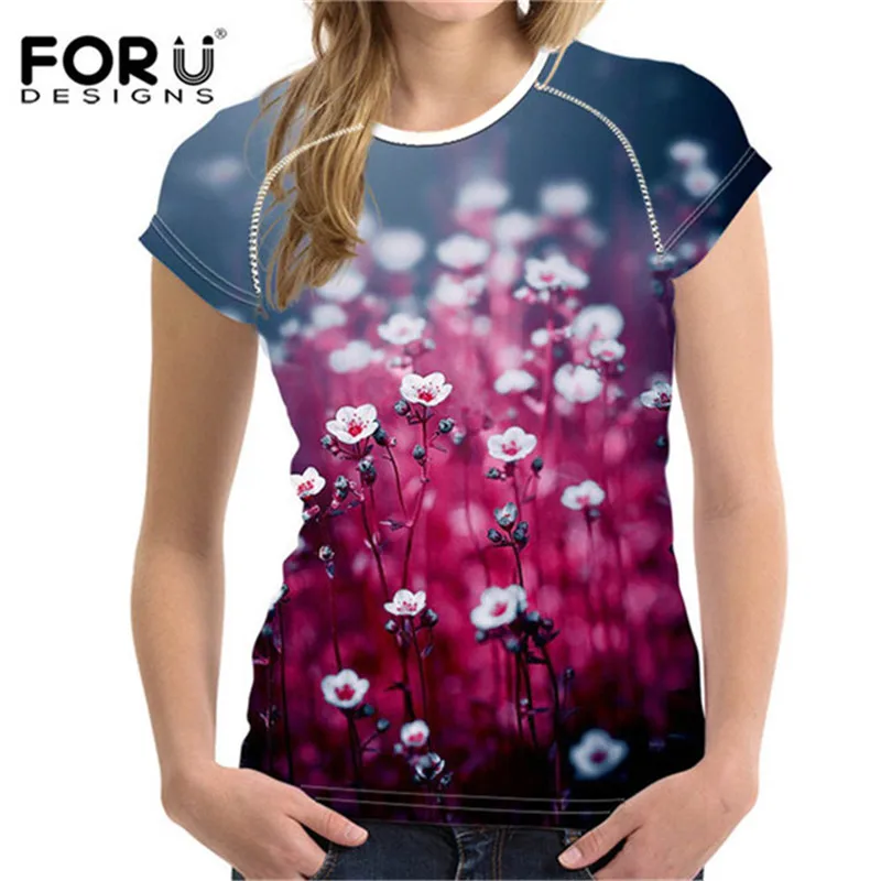 FORUDESIGNS/для женщин 3D Футболка цветочный принт топы с короткими рукавами Повседневная рубашка для дам эластичный тонкий мягкий бодибилдинг одежда - Цвет: MQ0006BV
