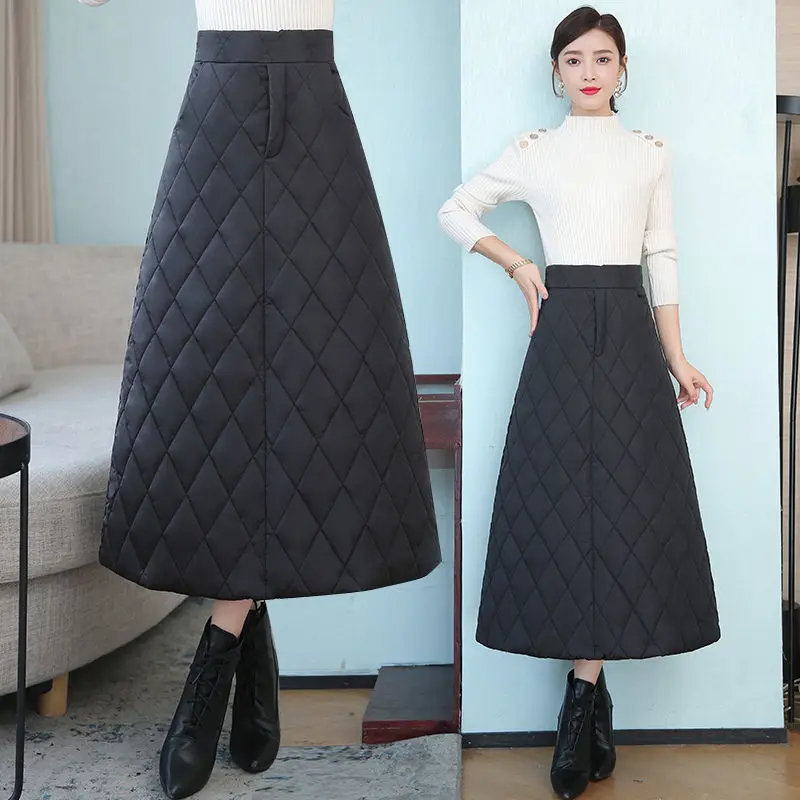 

Winter Women's Black Cotton Skirt High Waist Casual Long Skirt for Women Thick Warm Female Padded Black Skirts Plus Size C11