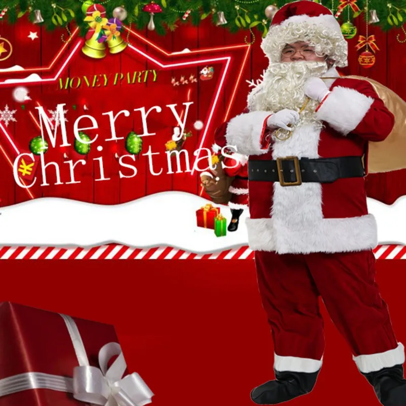 

Christmas Costume Men's Deluxe Santa Velvet Leather Santa Claus Clothes Set Tops Coats Pants Cap Glove Belt Shoe Gift Bag