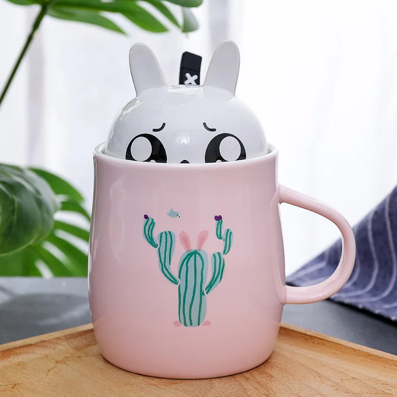 

450ml cartoon milk mug Cute ceramic milk breakfast cup Creative couple ceramic cup With lid spoon Children's cup gift prize mugs