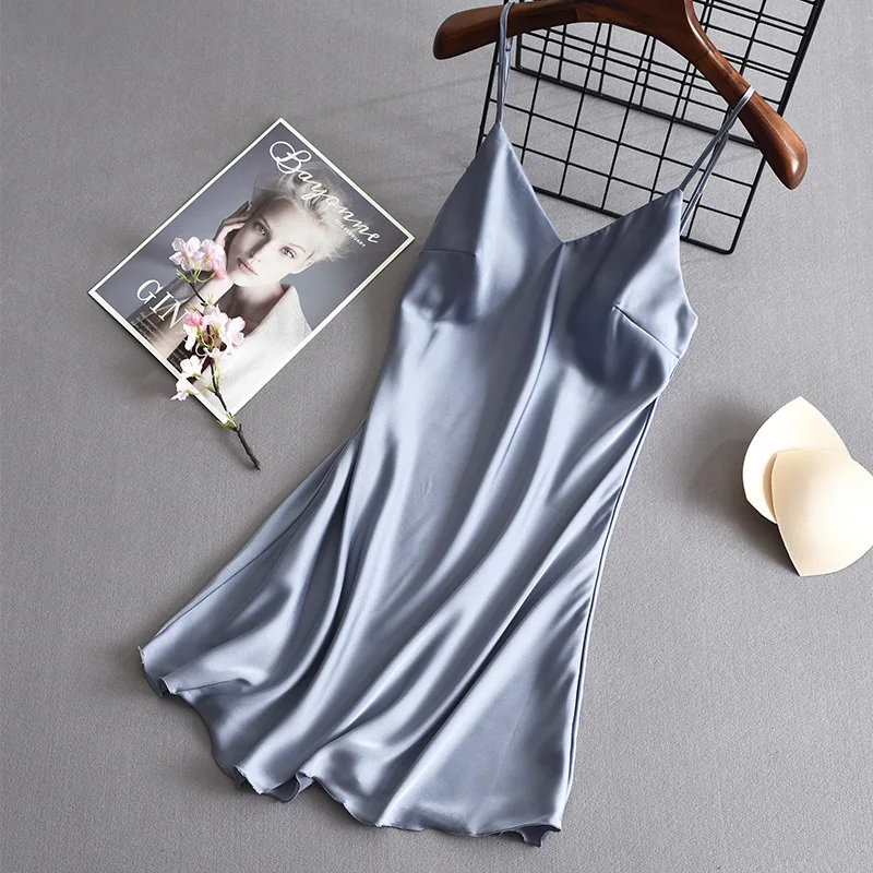 Summer Suspender Nightdress Women Ice Silk Sexy Home Wear Women's Silk Satin Imitation Pure Color Nightdress with Breast Pad
