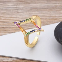 new arrival rhombus shape open ring copper zircon rainbow color geometric jewelry adjustable size for women best wedding gifts
