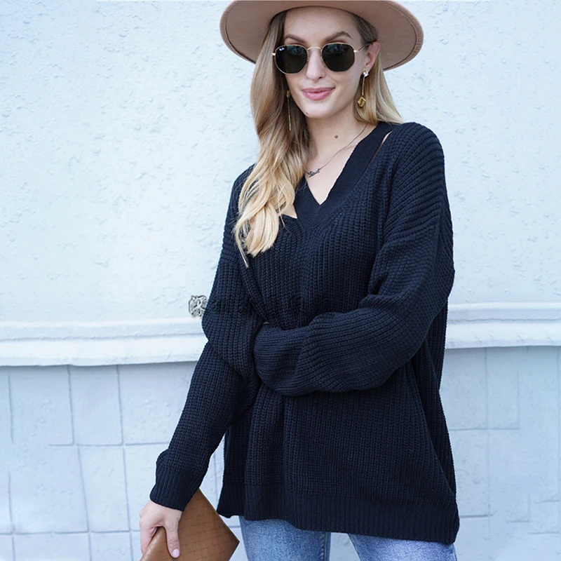 

Женские свитера, сезон осень-зима, вязаные свитера, пуловер, модный ажурный сексуальный Свободный Дамский свитер с V-образным вырезом, повсе...