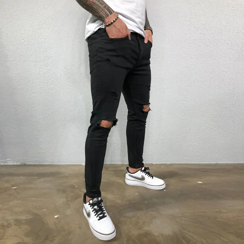 Fashion Streetwar Black Skinny Jeans Men Knee Hole Ripped Stretch Slim Denim Pants Solid Color Elastic Hip Hop Motorcycle jeans