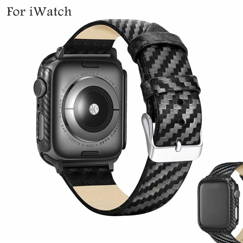 

Good Quality Genuine Leather Carbon Fiber Watch Band with Cover Case for Apple Watch 6 5 4 3 2 144mm 40mm Replacement for iWatch