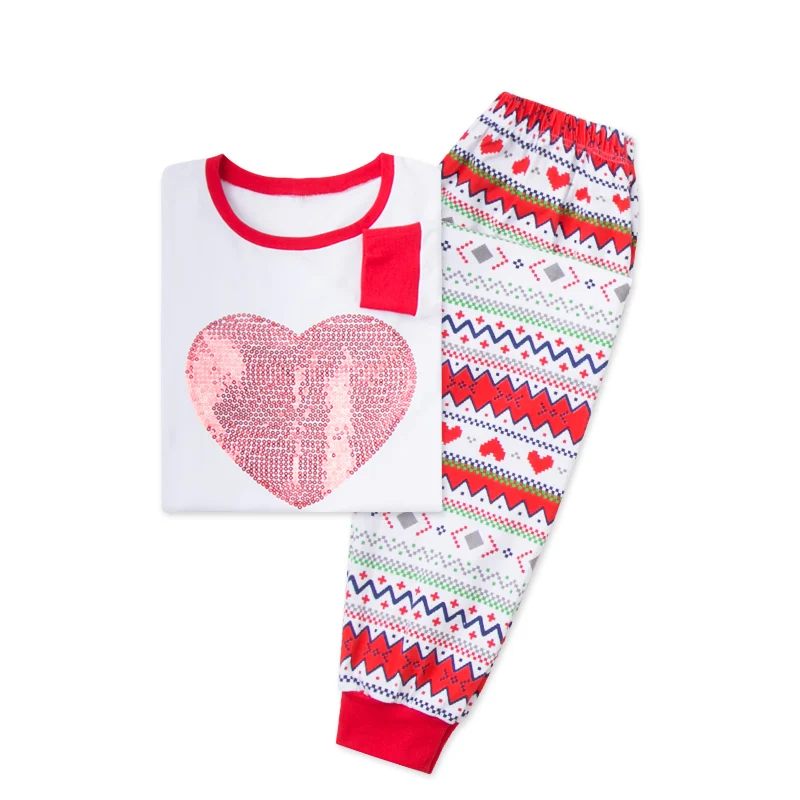 Милые семейные пижамы с длинными рукавами и блестками сердечками весенне