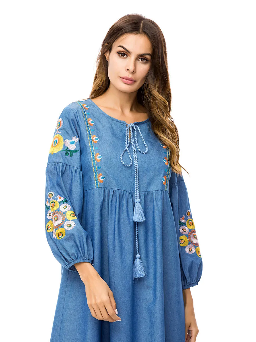 Muslim Robes Autumn Kaftan Gown Fashion Simple New Embroidered A Word Denim Skirt Loose Casual Dress | Тематическая одежда и