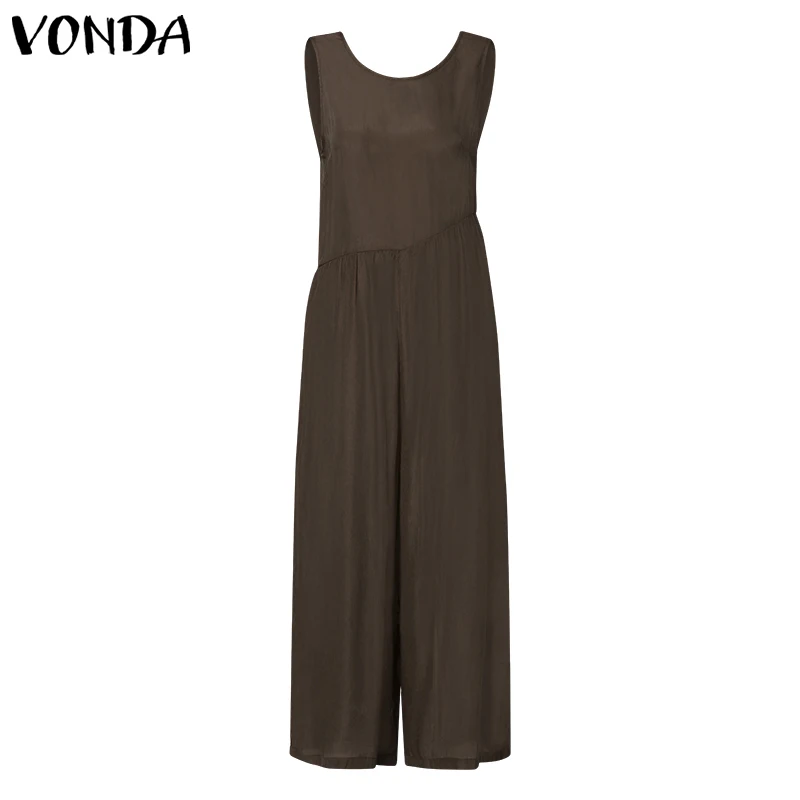 Женские комбинезоны VONDA, летние сексуальные однотонные Свободные Комбинезоны без рукавов, повседневные широкие длинные штаны, брюки
