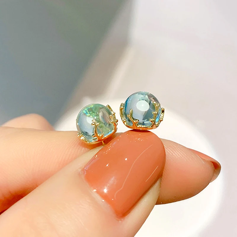 

New Trendy 14K Real Gold Plated Blue Ocean Glass Ball Earrings for Women Temperament Jewelry S925 Silver Needle Stud Party Gift