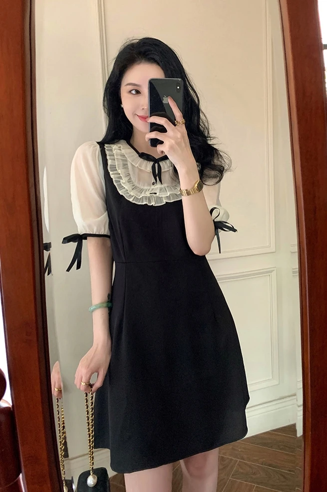 

COIGARSAM French Style Patchwork Women dress Summer Short Sleeve Dresses Black 1102