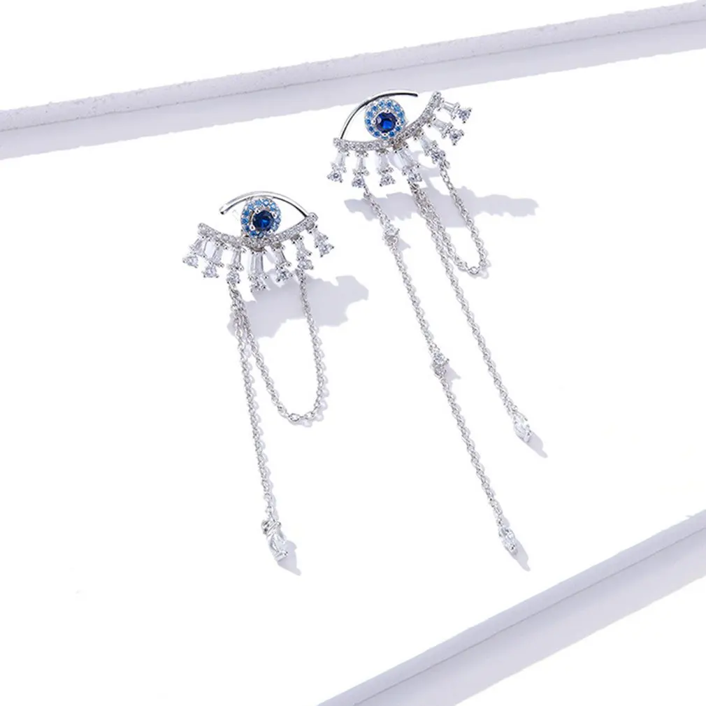 Earrings Sterling Silver 925 Blue Eye Creative Exaggerated Tassel Long Rhinestone Eyes Temperament Jewelry | Украшения и